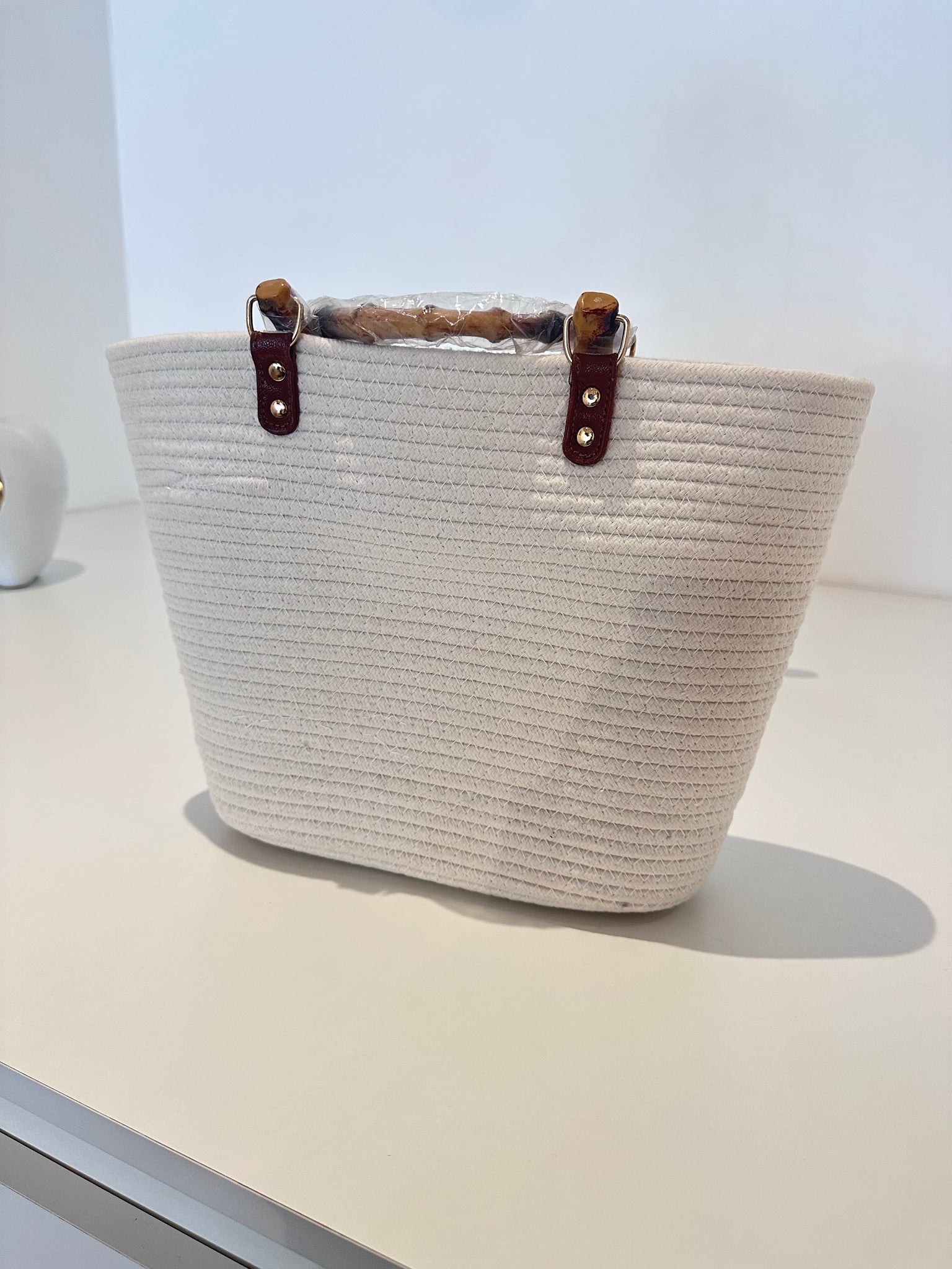 Cream Ribbed Bag with Bamboo Handle